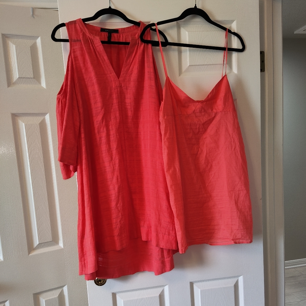 BCBGMaxazria 2 Piece Dress Set Bright Coral Women's Small Cold Shoulder